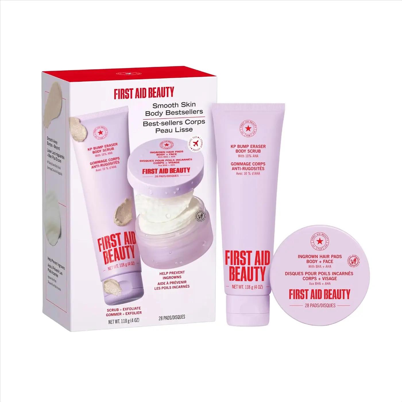 First Aid Beauty Smooth Skin Body Bestsellers Set, KP Bump Eraser Scrub + Ingrown Hair Pads, Exfoliate Keratosis Pilaris &amp; Help Prevent Razor Bumps, Fragrance Free, Sensitive Skin Safe, 2-Piece Kit