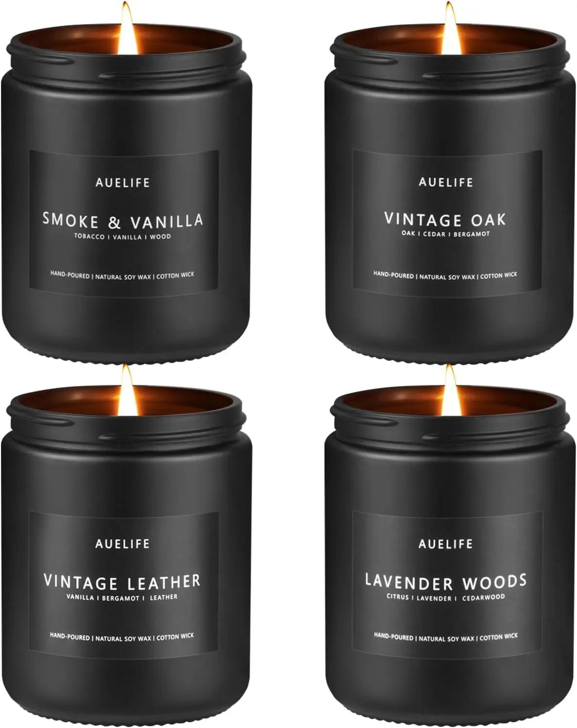 Scented Candles Set | Men Candle Set, Scented Candles for Home, Gifts for Men Aromatherapy Gift Set - 4 Pack Manly Gifts for Dad Fathers Day, Soy Candle of Leather/Smoke &amp; Vanilla/Oak/Lavender