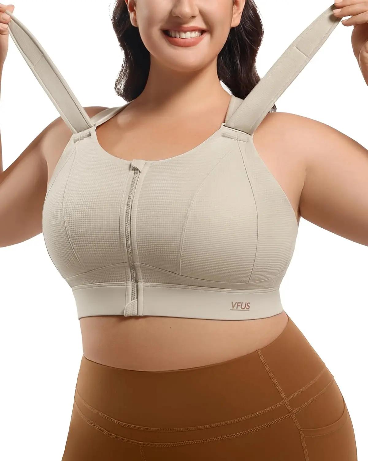 High Impact Sports Bras for Women Adjustable Zip Front Plus Size Workout Bra Full Coverage Removable Padded Running
