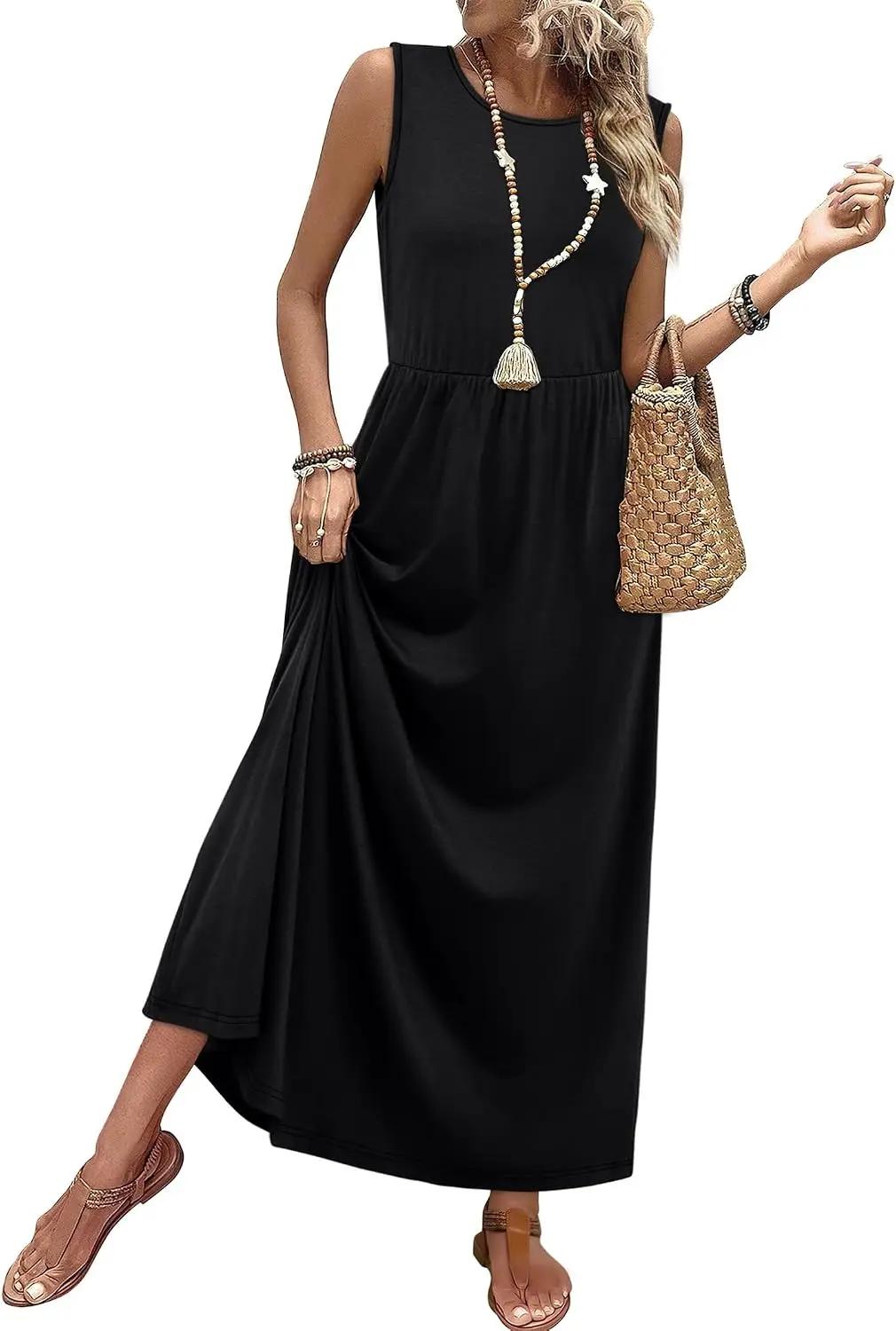 WIHOLL Summer Dresses for Women 2026 Maxi Dresses Long Flowy A Line Sleeveless Sundresses with Pockets