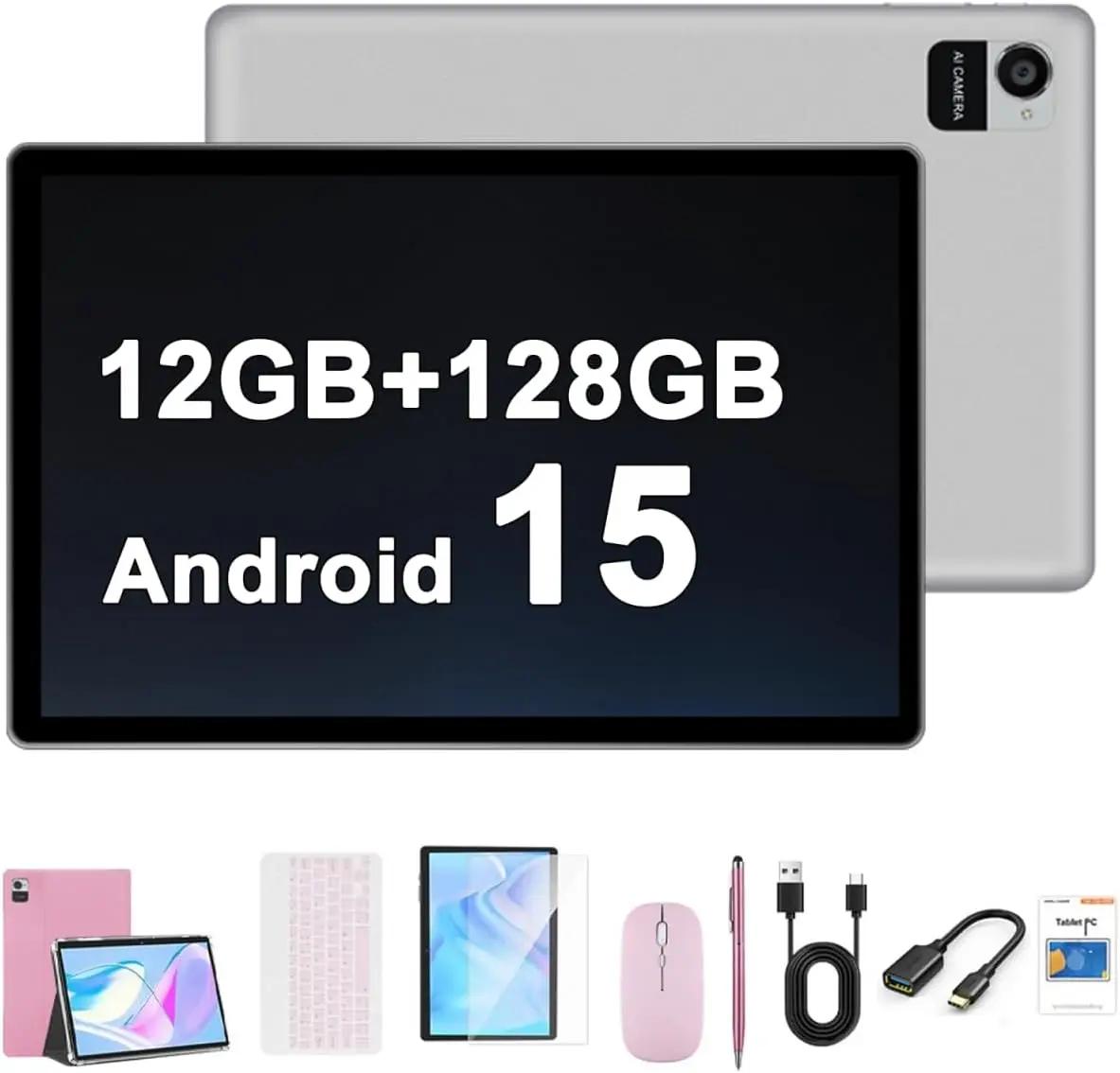Crelander 10.1 Inch Android 15 Tablet, 12GB+128GB Android Tablet, 5000mAh Battery, 1280x800 Touchscreen, WiFi/Bluetooth, Bundle with Case, Keyboard, Mouse &amp; Stylus(Pink)