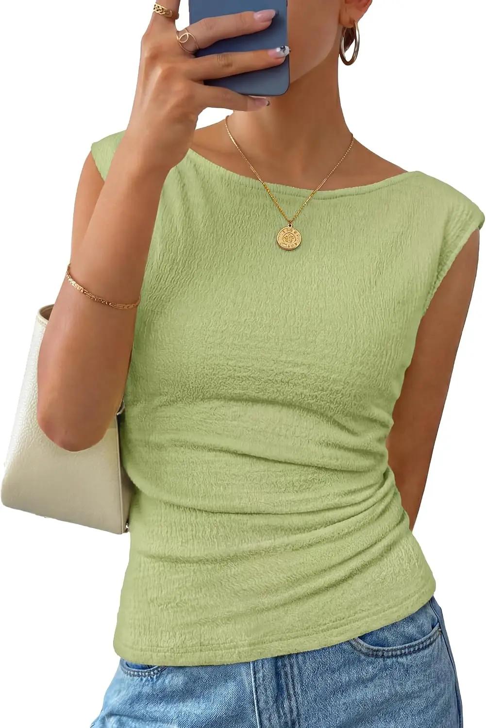 ZESICA Women's Summer Ruched Trendy Tank Top 2026 Cap Sleeve Boat Neck Slim Fit Spring Tops Going Out Tee Shirts Fashion