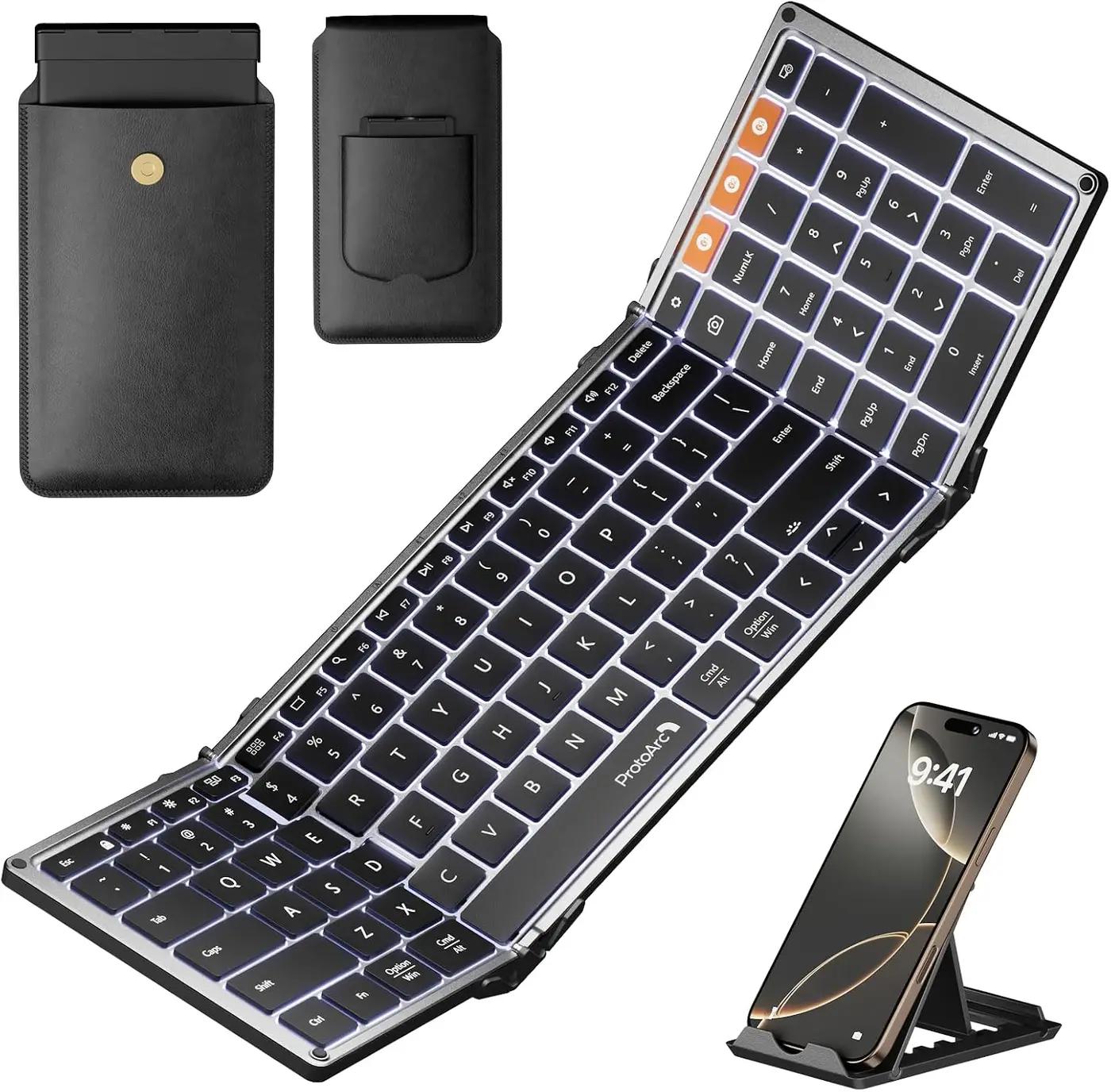 ProtoArc Backlit Foldable Keyboard, XK01 Plus Folding Portable Bluetooth Keyboard for Travel, True Full Size External Wireless Keyboards with Backlight for iPad Tablet Smartphone Laptop - Gray ClimatePartner certified