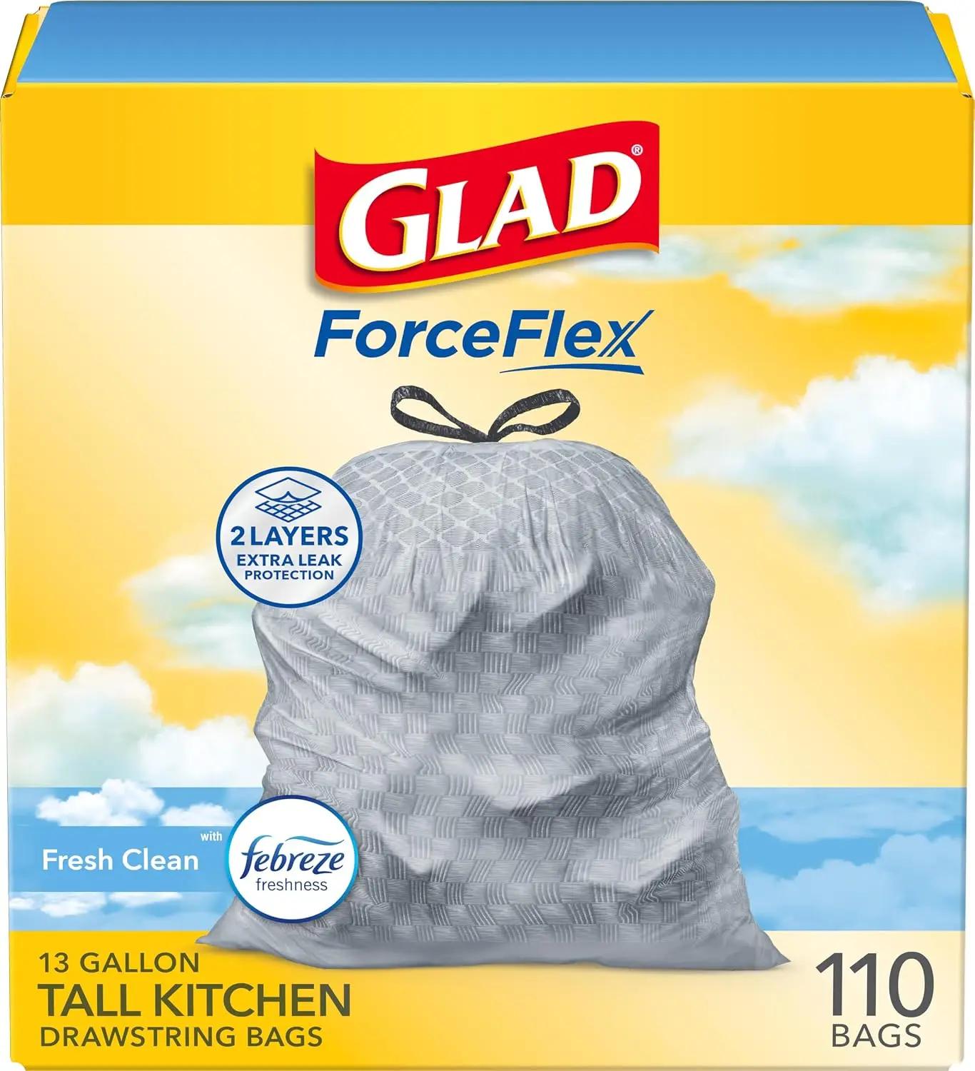 Glad Tall Kitchen Drawstring Trash Bags - Odorshield 13 Gallon White Trash Bag, Febreze Fresh Clean, 110 Count GreenCircle Certified: Certified Environmental Facts Label