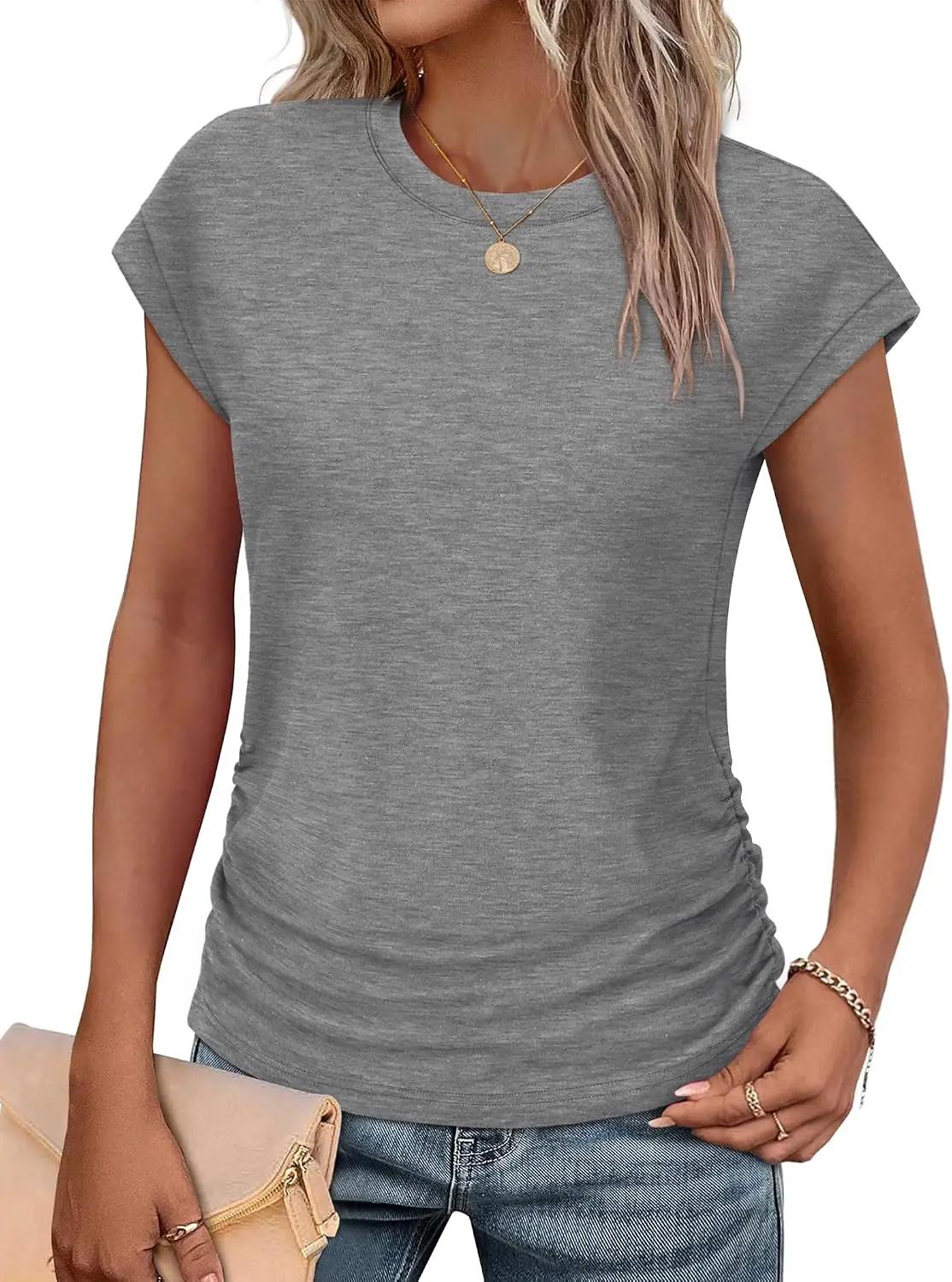 Sampeel Womens Summer Tops Trendy 2025 Ruched Cap Short Sleeve Tshirts Shirts Crew Neck T Shirts Fashion OEKO-TEX STANDARD 100