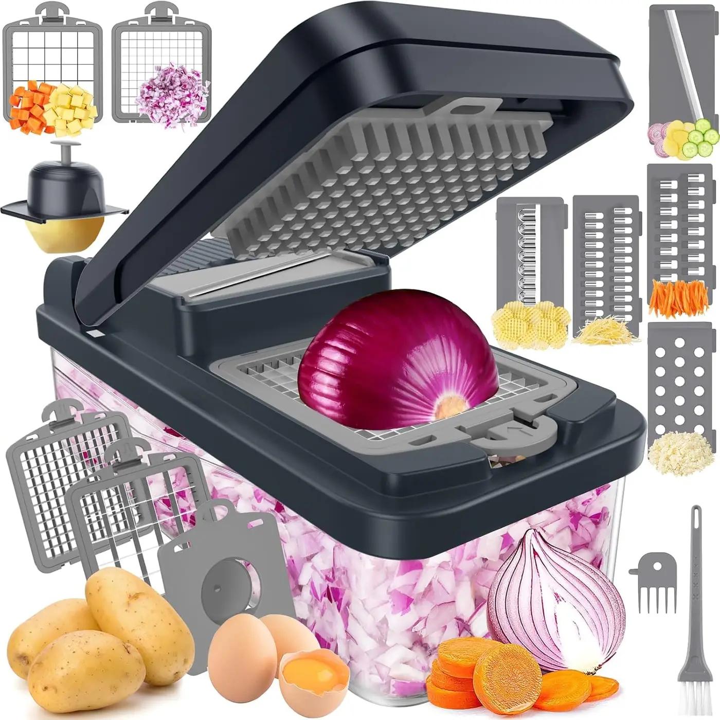 SpaceHacks 12-in-1 Vegetable Chopper, Kitchen Gadgets with 7 Blades, Veggie, Food, Onion Chopper, Cucumber Slicer, Versatile Mandoline, Includes Egg Separator &amp; Finger Guard, Gray