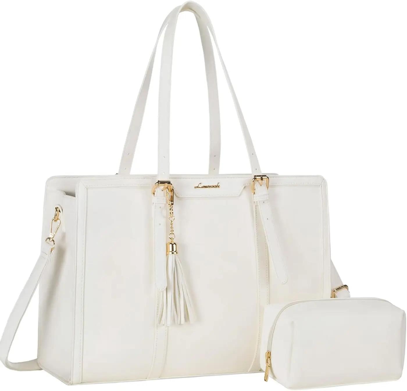 LOVEVOOK LOVEVOOK Laptop Bag for Women 15.6 inch Lightweight Leather Laptop Tote Bag, Large Capacity Computer bag with Clutch Purse for Business, Work, Office, Travel, School（White，15.6 Inch）