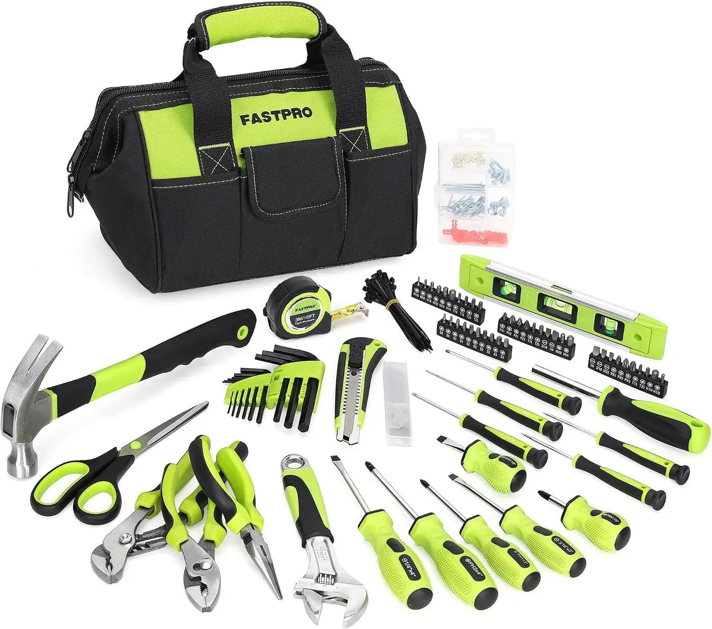 FASTPRO 220-Piece Home Tool Set, Household Repairing Tool Kit, with 12-Inch Wide Mouth Open Storage Tool Bag, Green