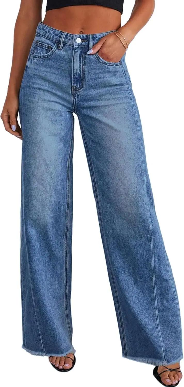 PRETTYGARDEN Wide Leg Jeans for Women Trendy High Waisted Stretchy Baggy Raw Hem Denim Palazzo Pants 2026 Spring Fall Clothes OEKO-TEX STANDARD 100
