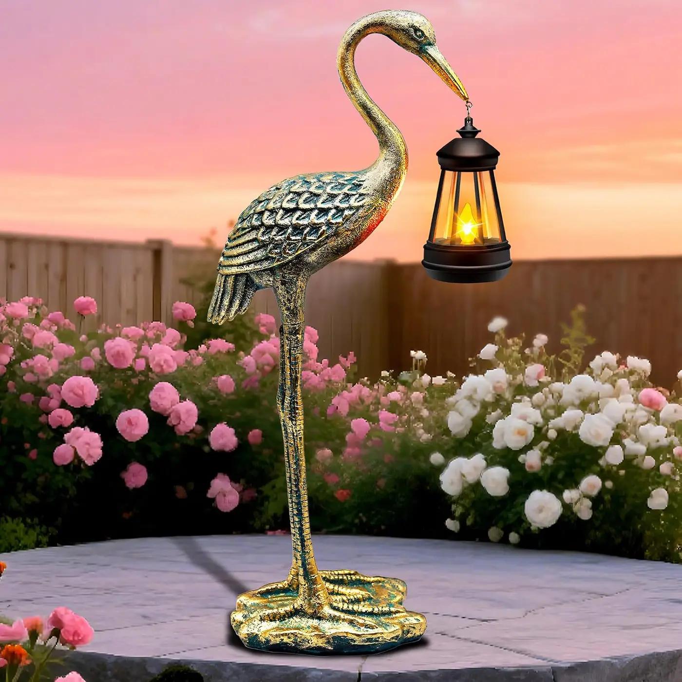Solar Garden Statue Crane Figurine, Outdoor Hanging Solar Lanterns, 17.7 Inch Blue Heron Sculpture Statue for Patio Yard Porch, Garden Decor for Outside Birthday Gifts for Mom, Women Mother's Day