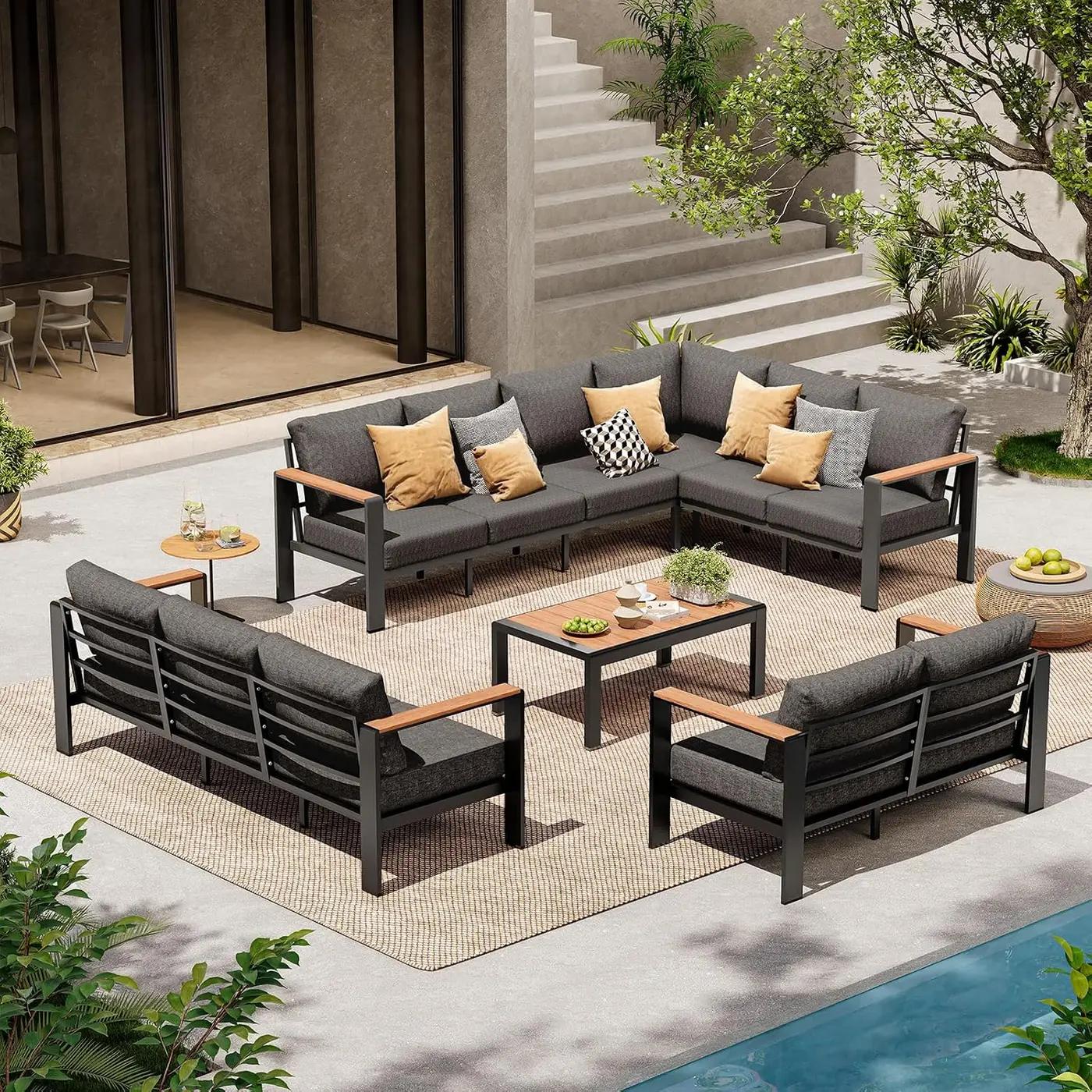Aluminum Outdoor Patio Furniture Set 11 Seats, Outdoor Sectional Corner Sofa Set, Patio Conversation Sets with Washable Thick Cushions &amp; Coffee Table for Porch, Yard, Garden, Deck, Graphite