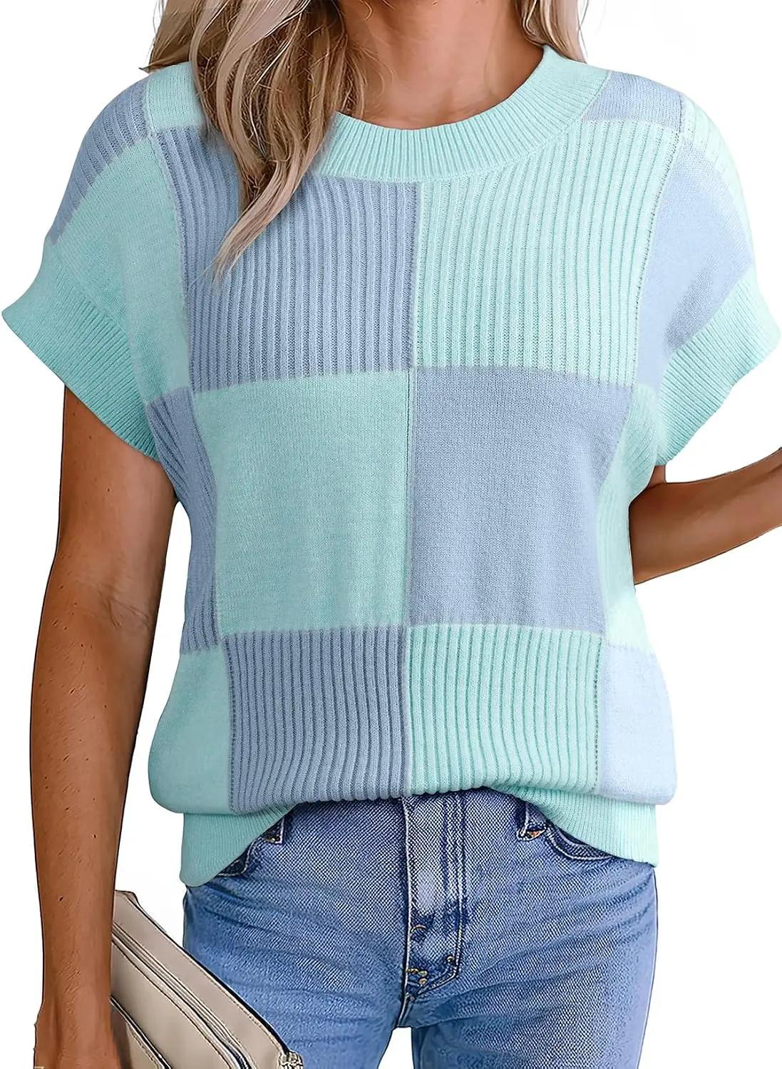 EVALESS Short Sleeve Sweater for Women Crewneck Color Block Knit Tops 2026 Summer Trendy Cap Sleeve Sweater Vest