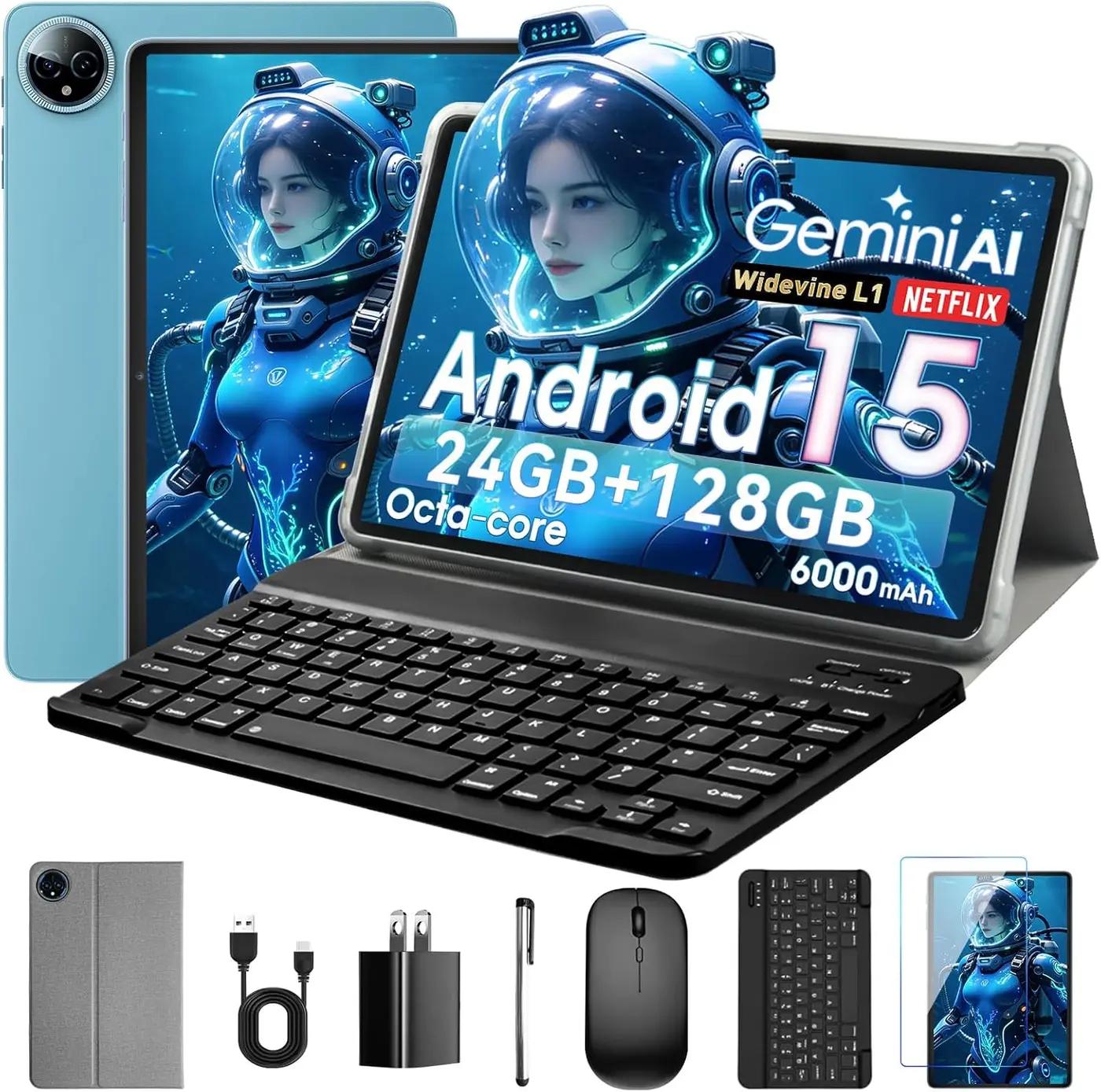 10 Inch Tablet, Android 15 with 24GB RAM + 128GB ROM (1TB Expandable), Octa-Core, 1280x800 IPS HD Touchscreen, 5MP+8MP Dual Camera, 6000mAh, Tablet with Keyboard, Mouse, Widevine L1(Blue)
