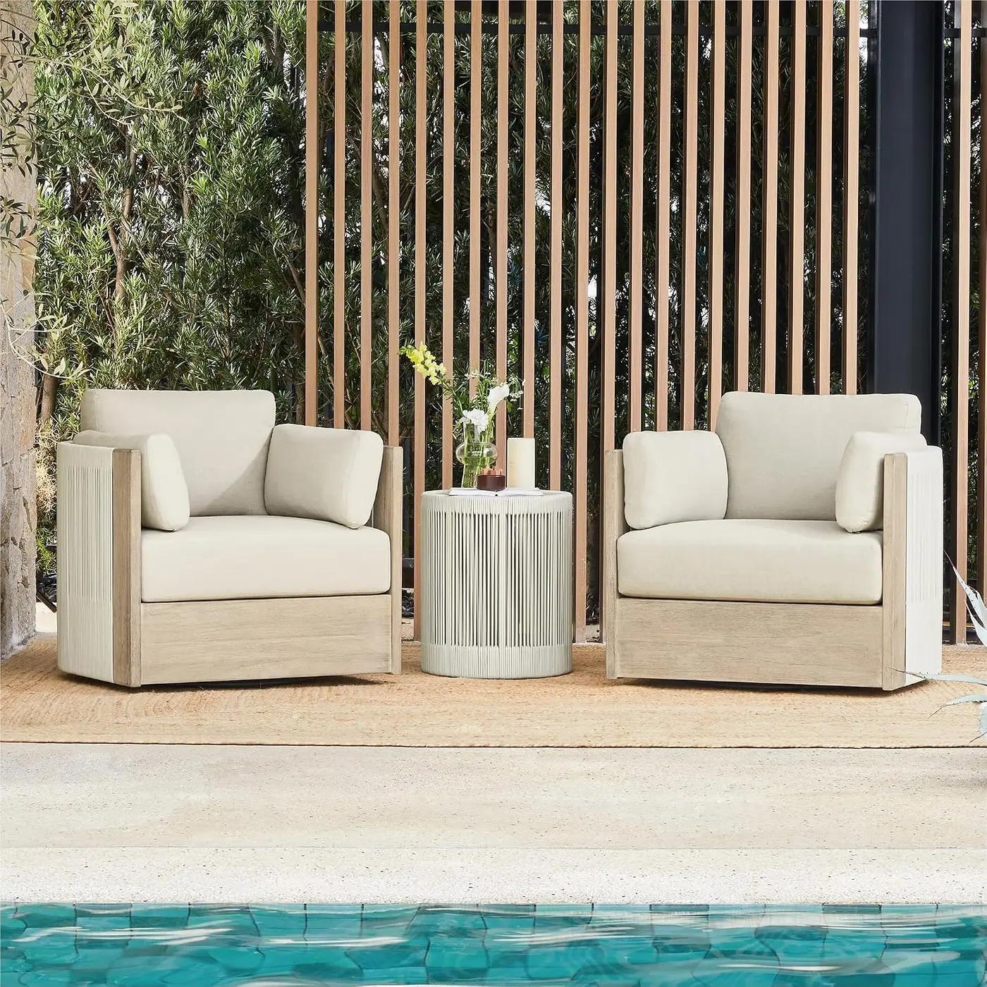 CHITA 3 Pieces Boho Patio Rattan Bistro Set, Outdoor Wicker Furniture Swivel Chairs &amp; Side Table Set with 2 Arm Pillows, Acacia Wood Frame, Fully Assembled(Cream)