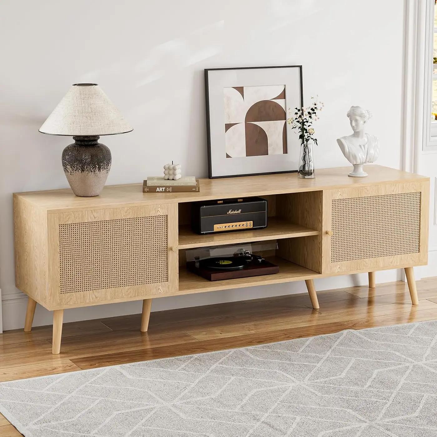 ZttRiee TV Stand for TVs up to 65'', Entertainment Center With Rattan Door, Shelves &amp; 2 Cabinets, Long Boho Media Console for Living Room, Natural