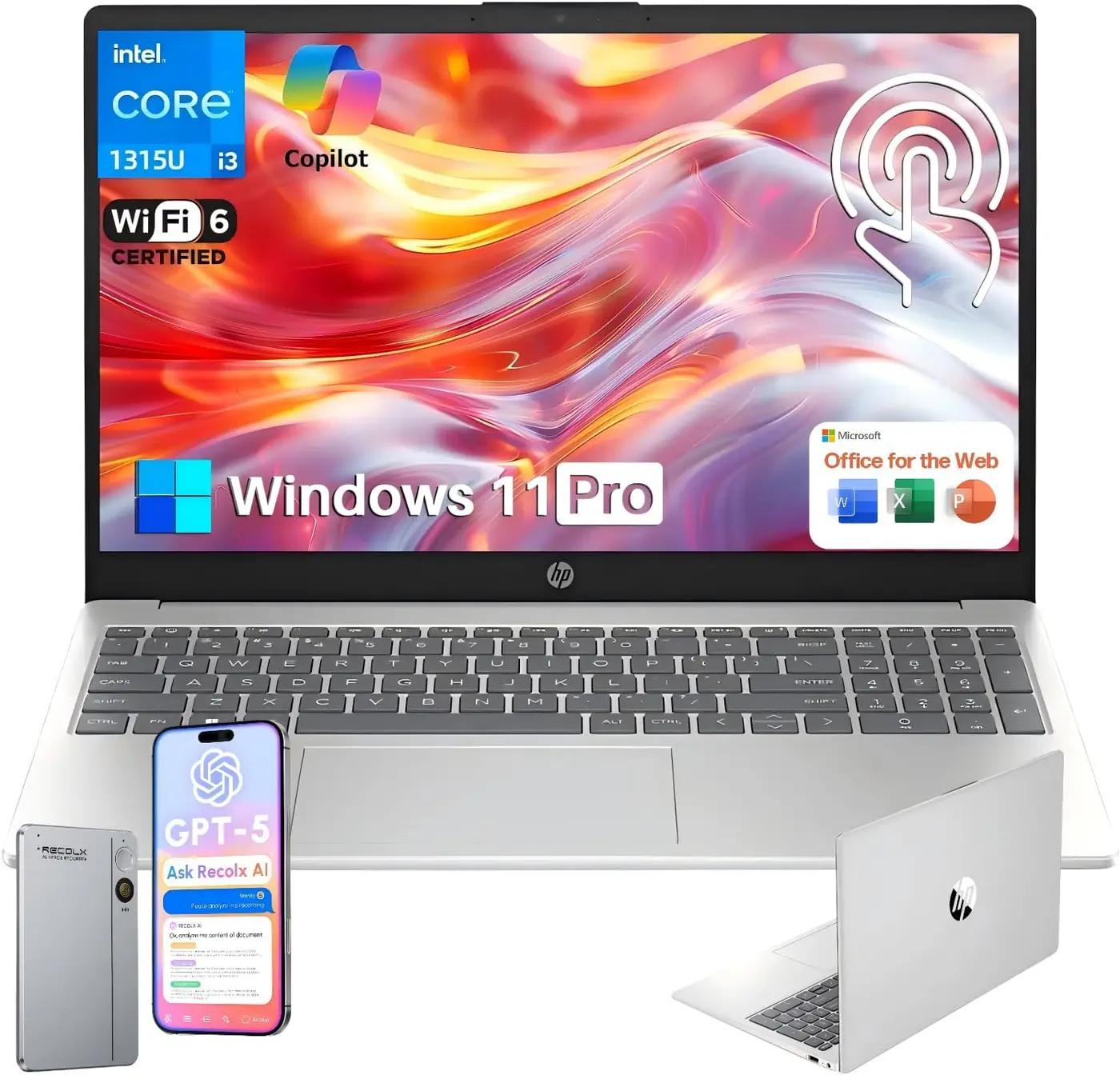 HP 15.6 Touchscreen Laptop for Student &amp; Business, Intel Core i3-1315U (Up to 4.5GHz), 12GB RAM, 512GB SSD, Copilot AI, Wi-Fi 6, HD Camera, Windows 11 Pro, Natural Silver, w/RECOLX AI Voice Recorder