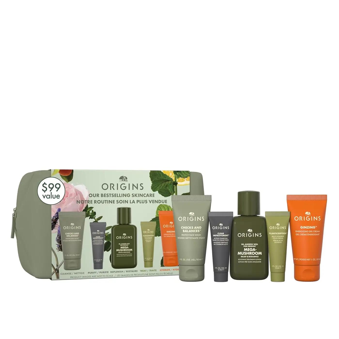 Origins Bestselling Skincare Set | Features Cleanser, Mask, Treatment Lotion, Serum &amp; Moisturizer | With Peptides, Hyaluronic Acid &amp; Niacinamide