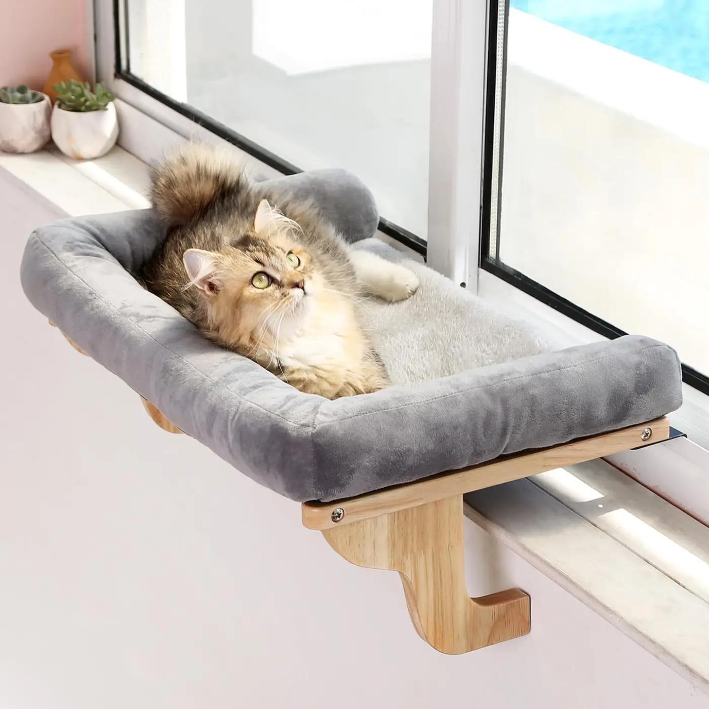 Zakkart Cat Perch for Window Sill with Bolster - Orthopedic Hammock Design with Premium Hardwood &amp; Robust Metal Frame - Cat Window Seat for Large Cats and Kittens - Natural Color Wood Gray Bed, 24''W