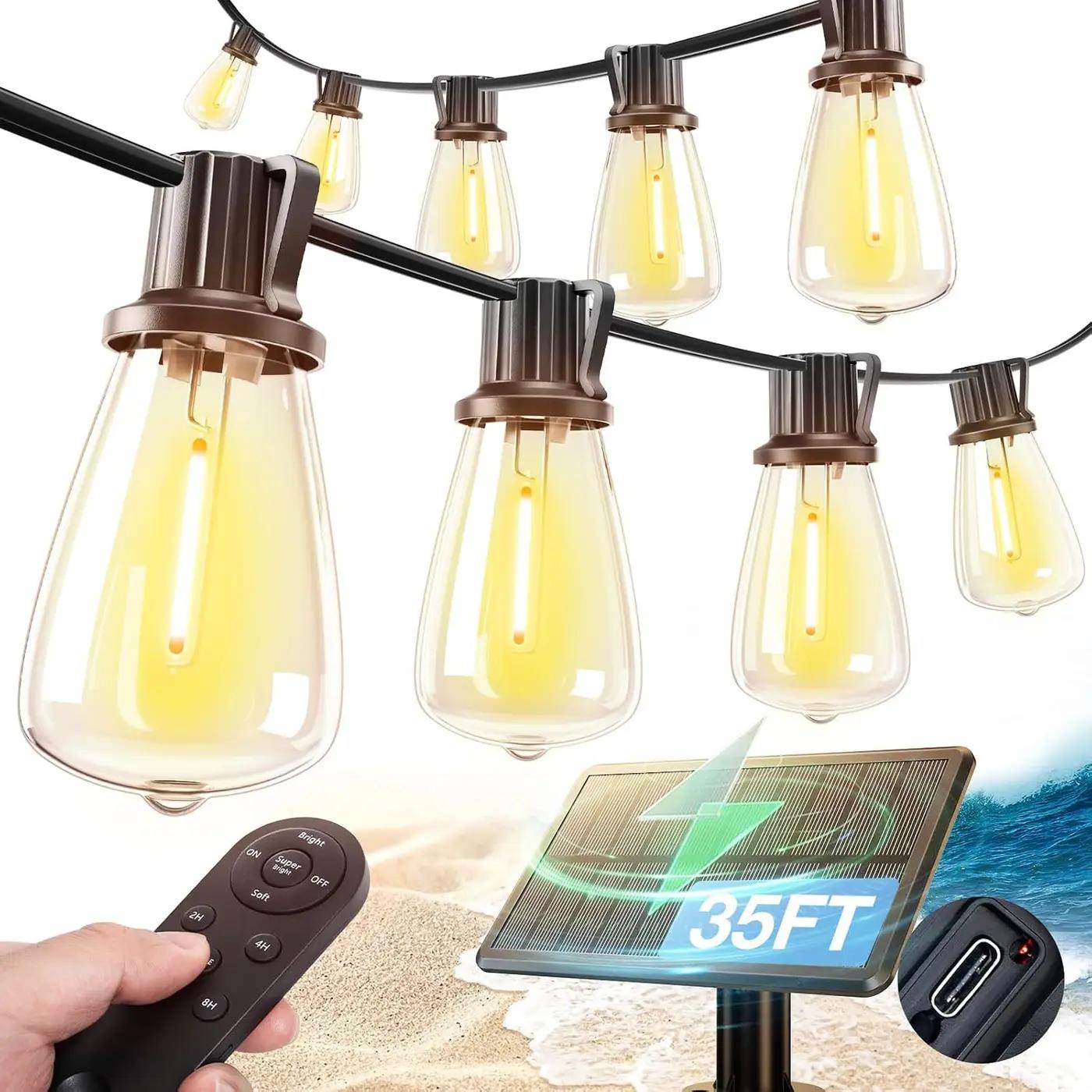 addlon 35FT Solar String Lights Outdoor, IP54 Waterproof Solar Powered with Remote &amp; USB Port, 10+1 LED Shatterproof Bulbs, Dimmable Solar Light Outdoor for Camping Backyard Bistro Porch Global Recycled Standard
