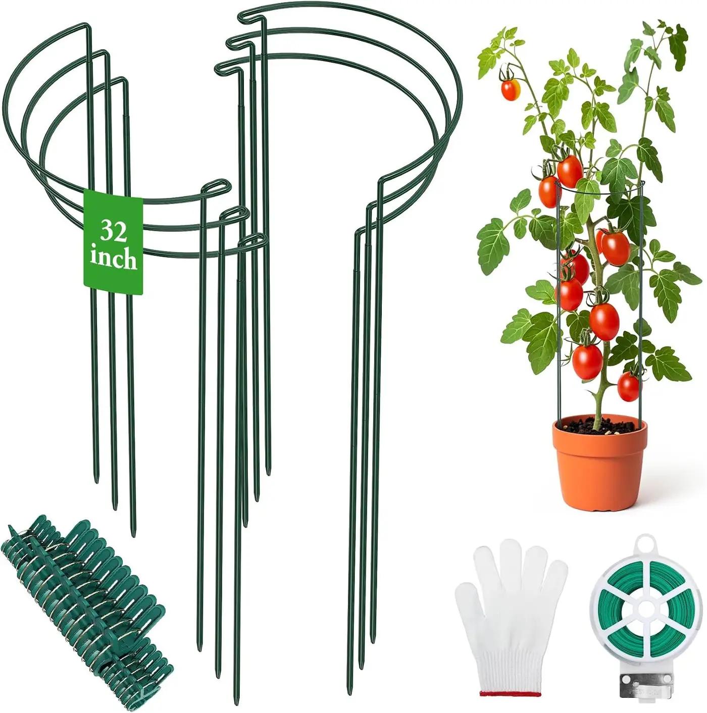 Unves 6 Pack Peony Cage, 13" W x 32" H Half Round Ring Metal Plant Support Stakes, Heavy Duty Peony Cages and Supports for Indoor Outdoor Plants, Vegetables and Flowers with Clips, Ties and Gloves