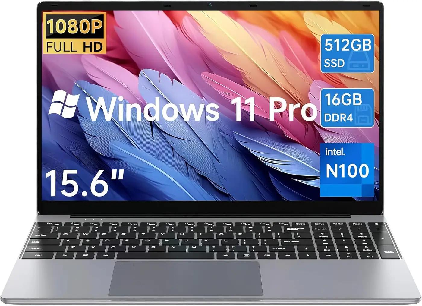 2026 Latest 15.6 Inch Laptop | Windows 11 Pro laptop | 16GB RAM 512GB SSD | Pentium Quad Core N100 CPU | FHD 1920x1080 Display | 2.4G/5G WiFi | Bluetooth 5.2 | 4K Video | Type-C | 7.6V/6500mAh Battery