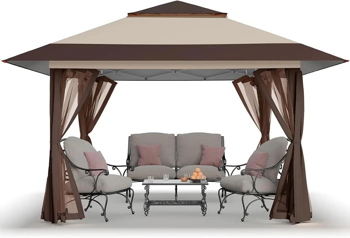 CROWN SHADES 13x13 Pop Up Gazebo, Canopy Tent, Gazebos on Clearance - Outdoor Gazebo for Backyard &amp; Patio Furniture - Carpa Pop Up Tent with Wheeled STO-N-Go Cover Bag (Beige &amp; Coffee) Global Recycled Standard