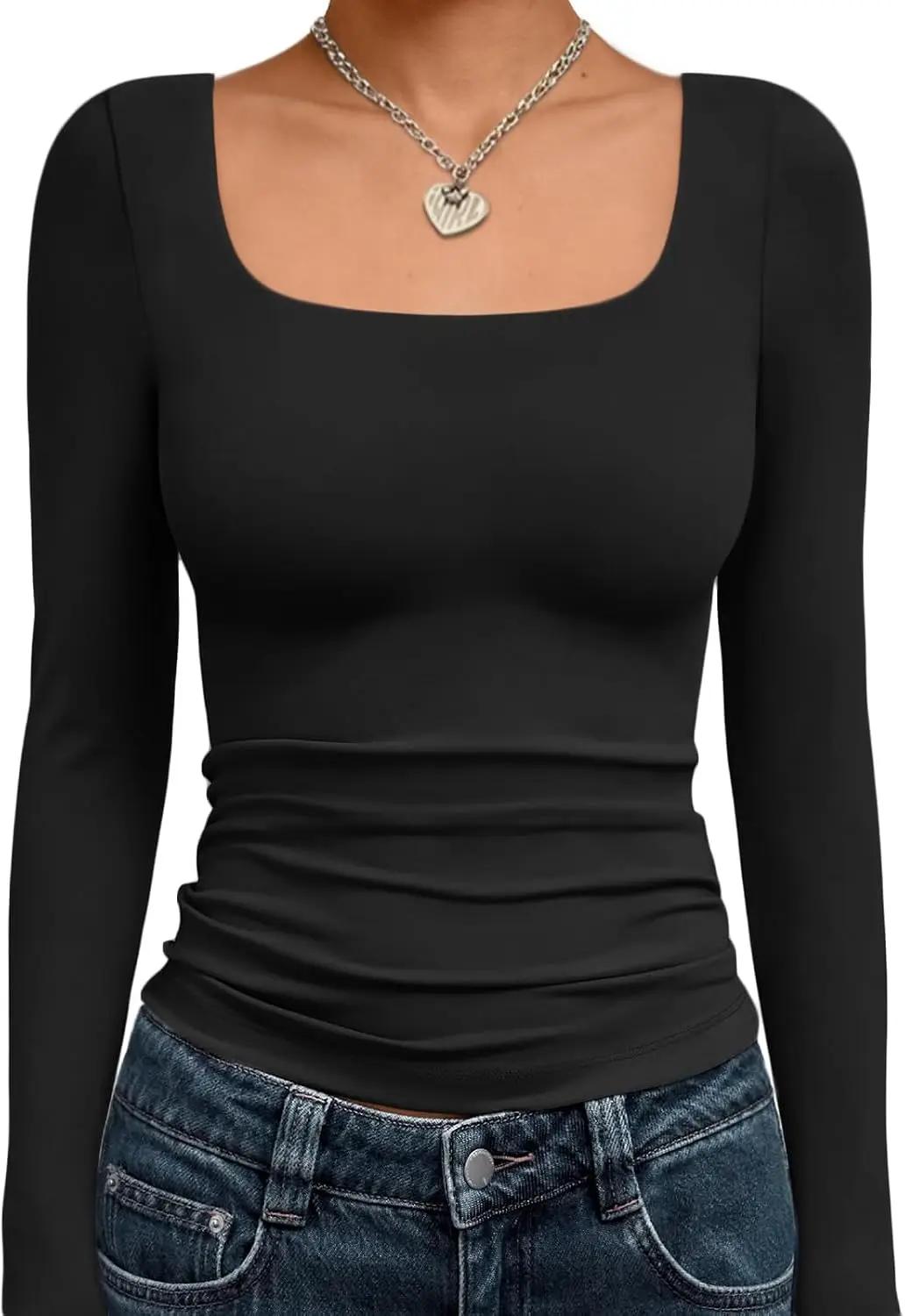 Trendy Queen Womens Square Neck Long Sleeve Shirts Double Lined Slim Fit Tops Y2K Going Out Basic Tees OEKO-TEX STANDARD 100