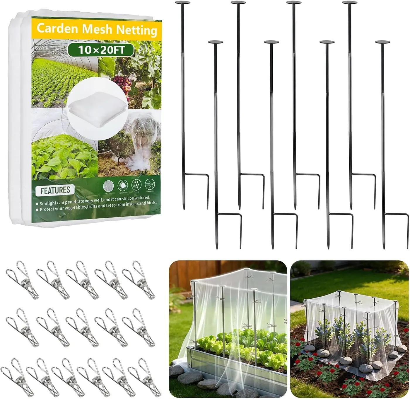 Metal Garden Netting Kit, 8 Pack 2.7ft Sturdy Outdoor Raised Beds Garden Stake Netting Support with 10'× 20' Durable Fine Insect Netting for Garden &amp;16pcs Fixing Clips Plant Covers Set Pest Barrier