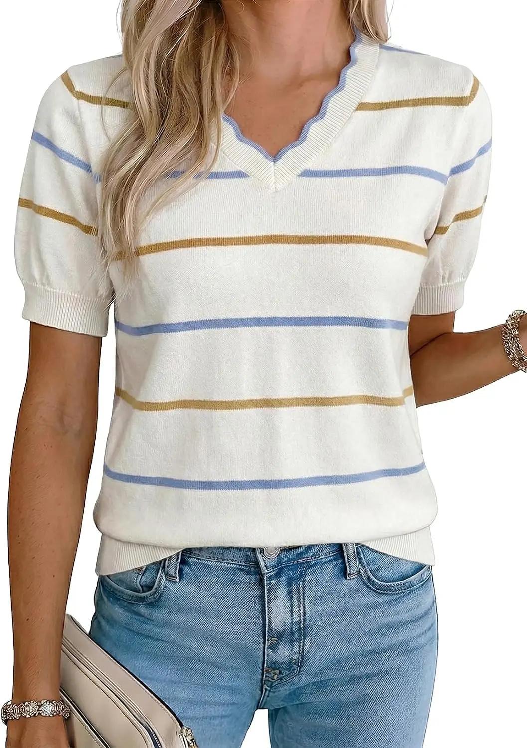 Dokotoo Womens Summer Short Sleeve Knit Tops 2026 Spring Trendy Casual V Neck Striped Sweater Blouses