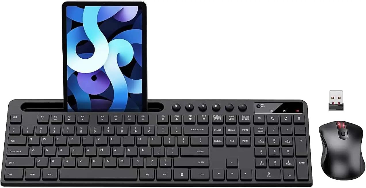 Wireless Keyboard and Mouse Combo, MARVO 2.4G Ergonomic Wireless Computer Keyboard with Phone Tablet Holder, Silent Mouse with 6 Button, Compatible with MacBook, Windows (Black) Recycled Content Certification for Electrical and Electronic Equipment