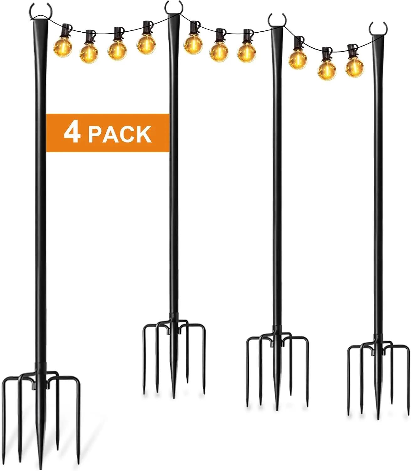 4 Pack String Light Poles for Outside, Thickened Metal Christmas Lights Hanger Pole Outdoor with Fork, Lighting Hanging Post Accessories for Patio Decor Garden Backyard Yard Outside Decorations Global Recycled Standard