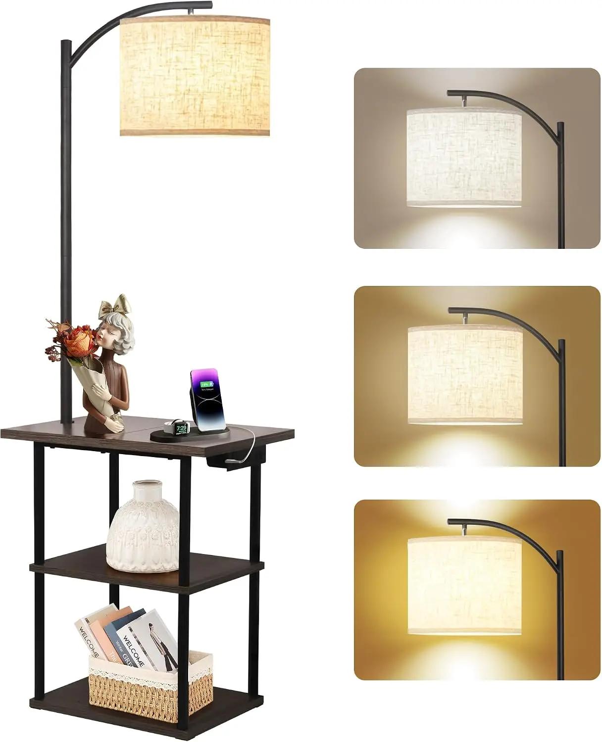 PESRAE Floor Lamp with Table, End Tables with Charging Station(USB &amp; Type-C &amp; AC Port), 3 Color Temperatures 9W LED Bulb, Modern Shelves Side Table for Bedroom, Living Room