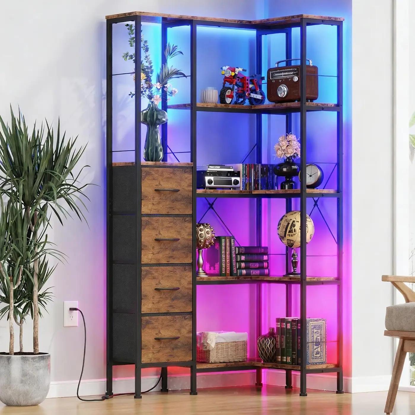 AFLUI Corner Bookshelf with LED Light Strips &amp; 4 Fabric Drawers, 5-Tier Convertible Corner Shelf with Display Shelf, Large Wood Industrial Bookcase for Living Room, Bedroom, Home Office, Rustic Brown Global Recycled Standard