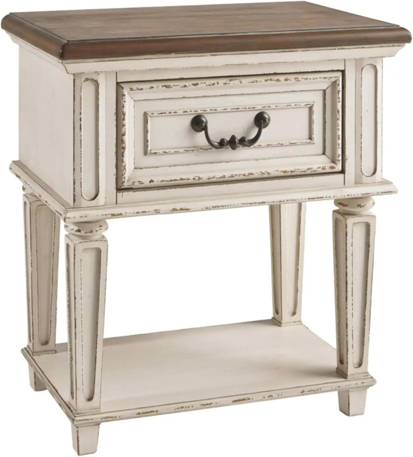 Signature Design by Ashley Realyn Traditional Cottage 1 Drawer Nightstand with Dovetail Construction &amp; Open Display Shelf, Chipped White, 27" Tall, Distressed Brown