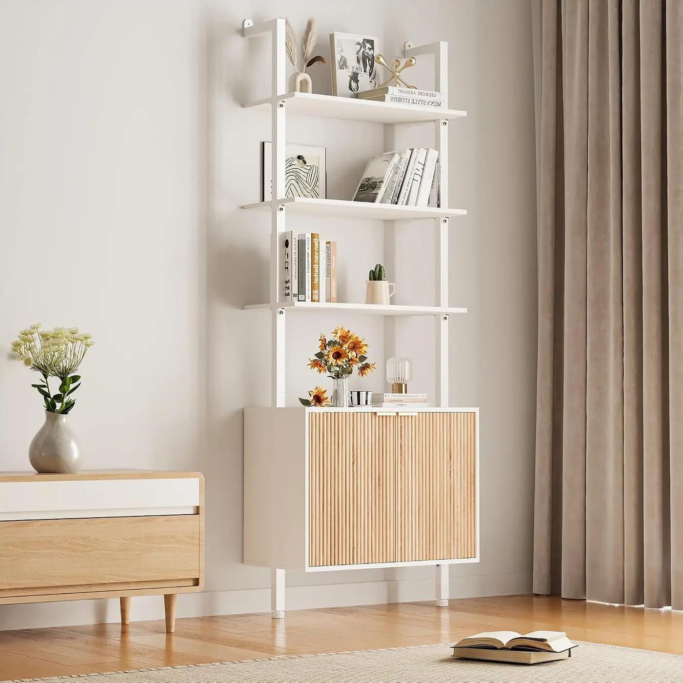 INNOD 74" Tall Bookshelf with Storage Cabinet, Modern Ladder Shelf with Wood and Metal Frame, Wall Mount Bookcase Open Display Shelf Furniture for Living Room, Bedroom, Home Office, White and Oak