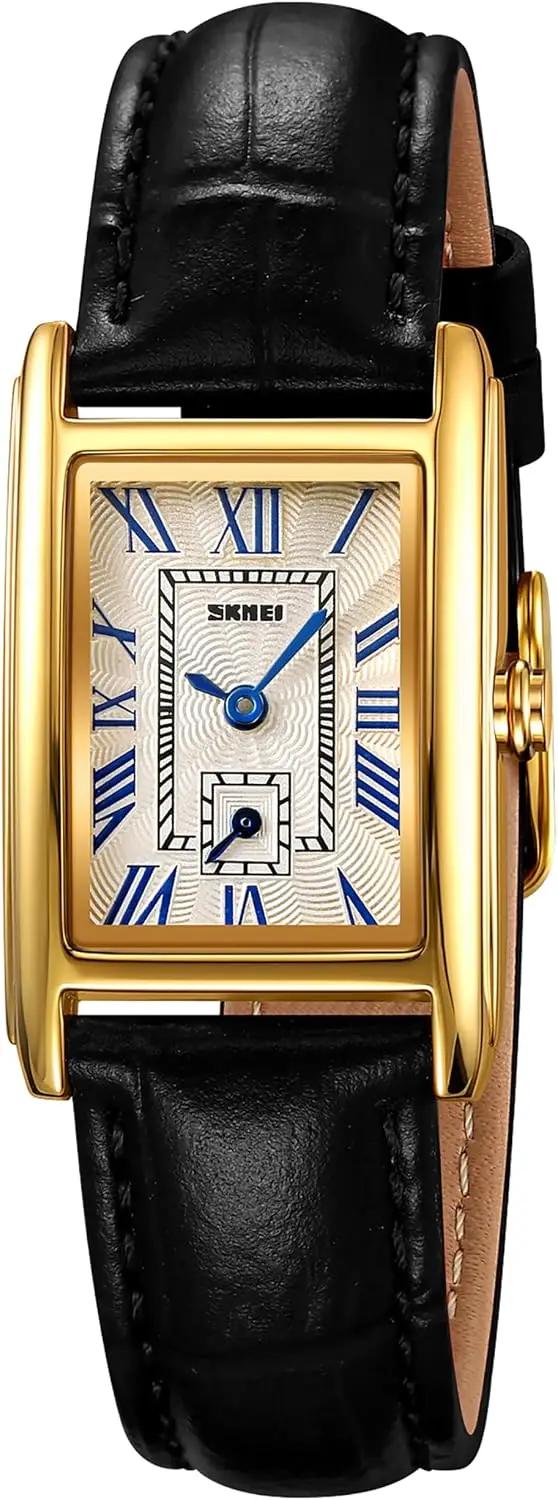 FANMIS Vintage Women's Rectangle Wristwatch Classic Ladies Analog Quartz Watch Ultra-Thin Ladies Bangle Bracelet Watch Female Business Dress Watches with Leather Strap