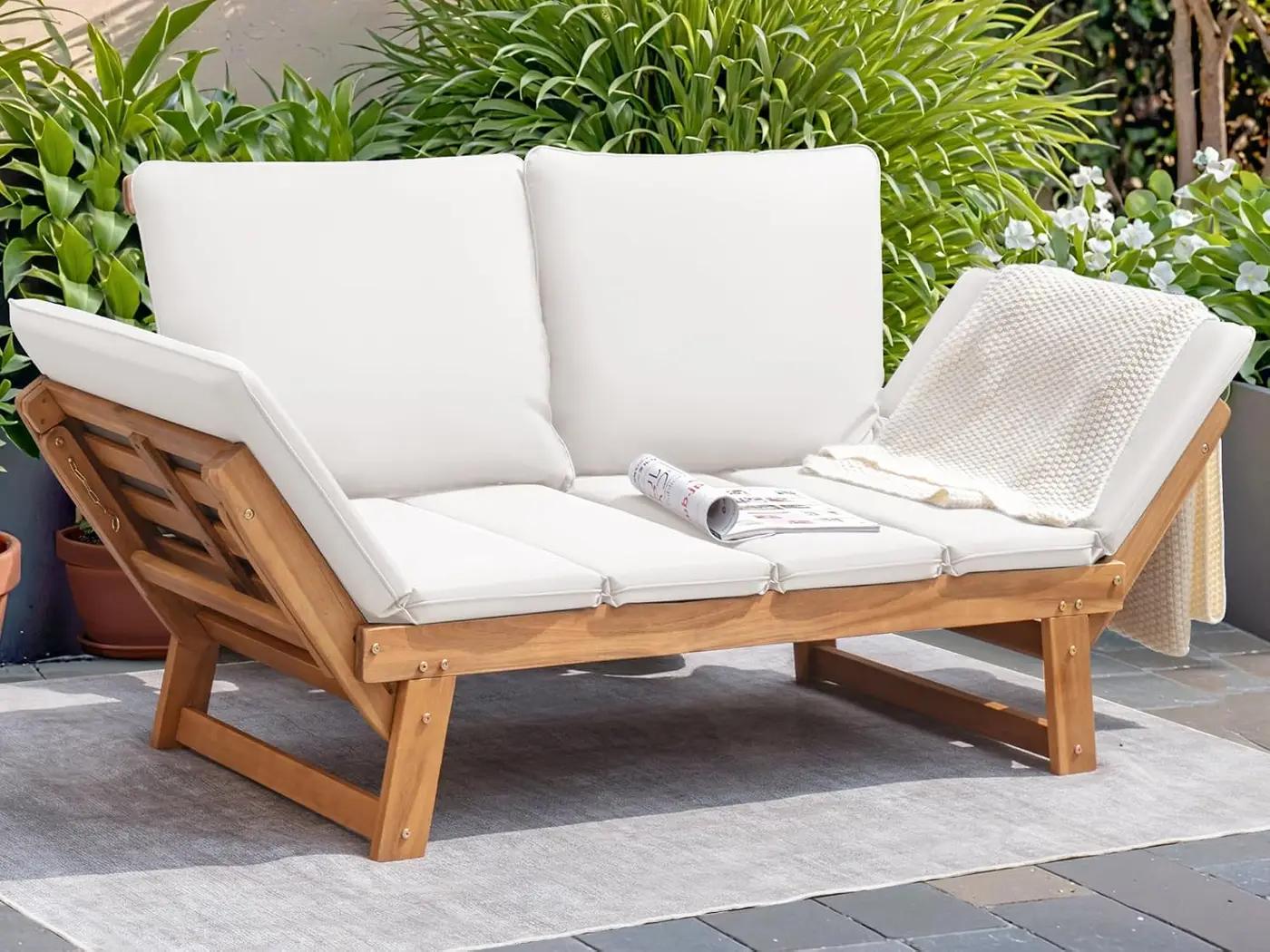Devoko Outdoor Couch Acacia Wood Patio Couch with Adjustable Armrests, Outdoor Convertible Sofa with Removable Cushions &amp; Pillows for Patio, Porch, Poolside(White)