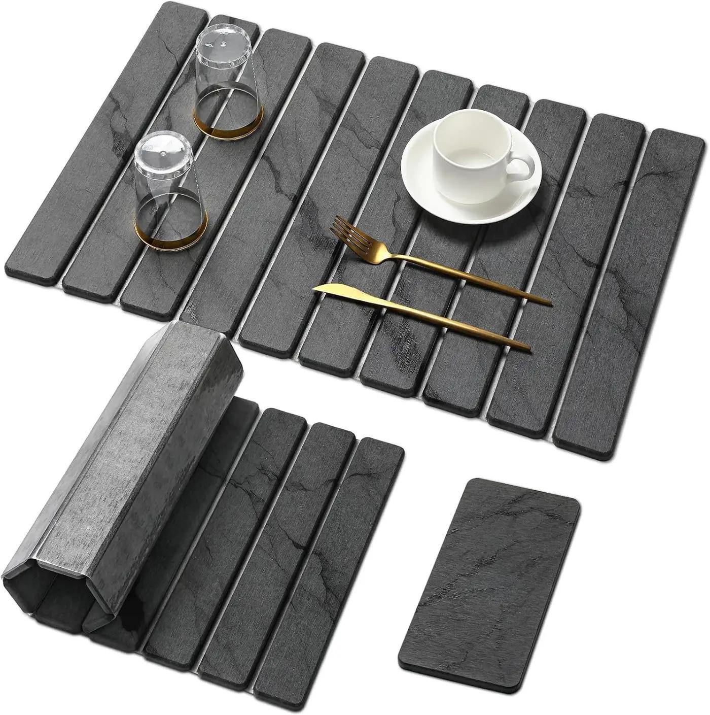 Large Stone Dish Drying Mat for Kitchen Counter, Quick Dry Stone Dishes Mats,Foldable Water Absorbing Diatomaceous Earth Drying Organizer Pad for Plate Rack Bottles Utensils(Dark Gray 24"×16" &amp; 8"x4")