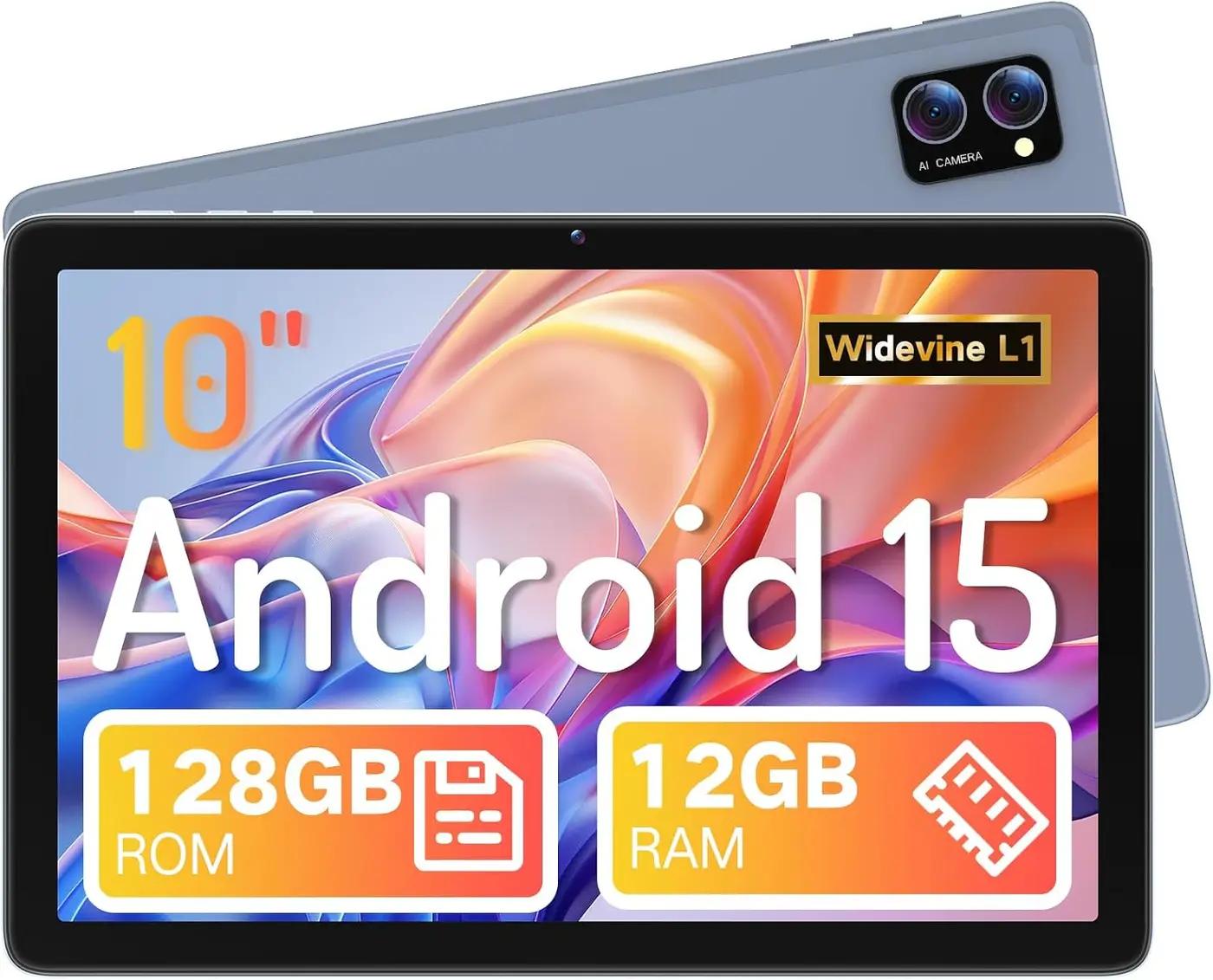 Tablet, Android 15 Tablets 10 inch with 12GB RAM+128GB Storage+2TB TF Card Expand, Octa-Core, 1280*800 HD Touch Screen Computer Tablet, 8-10H Long-lasting Battery Life,Wi-Fi &amp; BT 5.0,Gray Blue