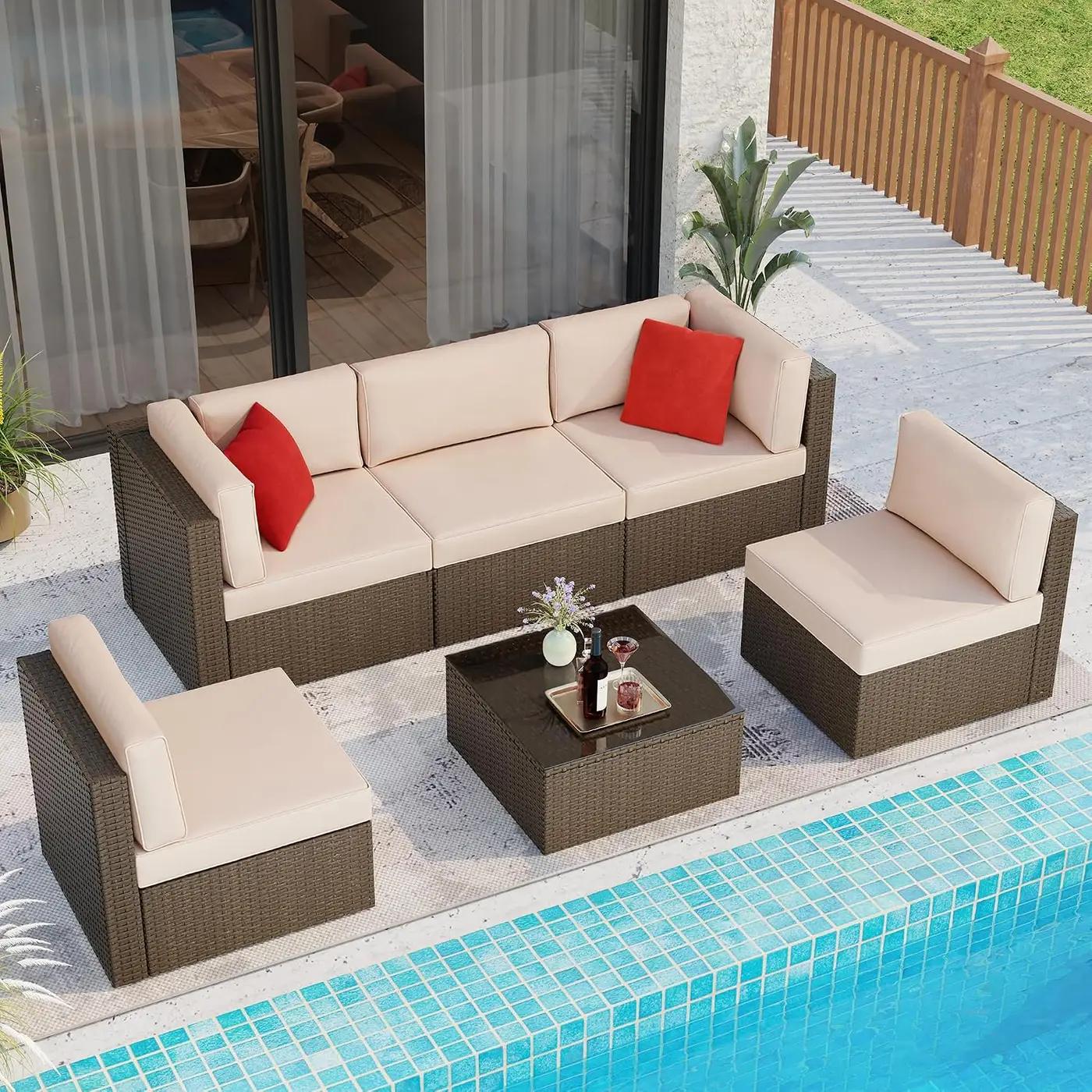 Shintenchi 6 Pieces Patio Furniture Sets Outdoor All-Weather Sectional Patio Sofa Set PE Rattan Manual Weaving Wicker Patio Conversation Set with Glass Table&amp;Ottoman Cushion and Red Pillows, Beige