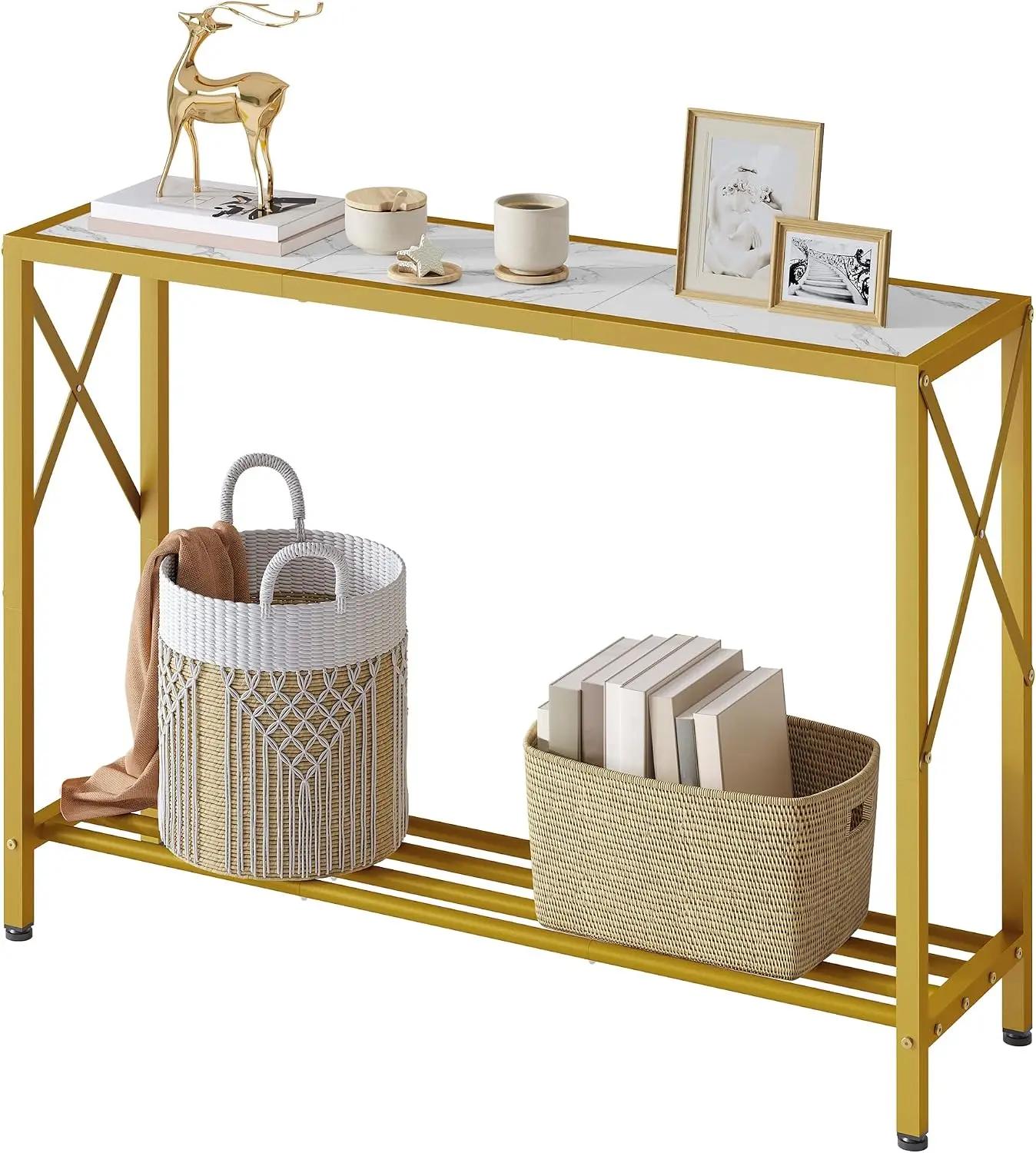 Tajsoon Entryway Table 41.8”, 2-Tier Entry Way Console Entrance Table, Narrow Sofa Table with Shelves, Ideal for Hallway, Entryway, Living Room, Foyer, Corridor, and Office (Gold &amp; White)