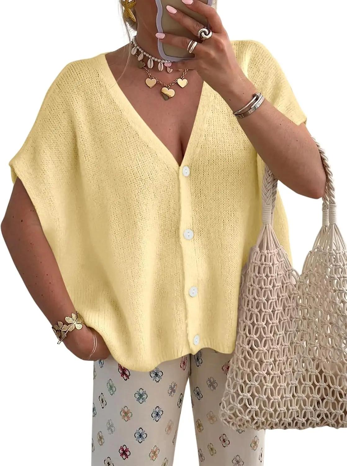 PRETTYGARDEN Womens 2026 Spring Oversized Cardigans Batwing Short Sleeve Lightweight Button V Neck Casual Knit Sweater Tops