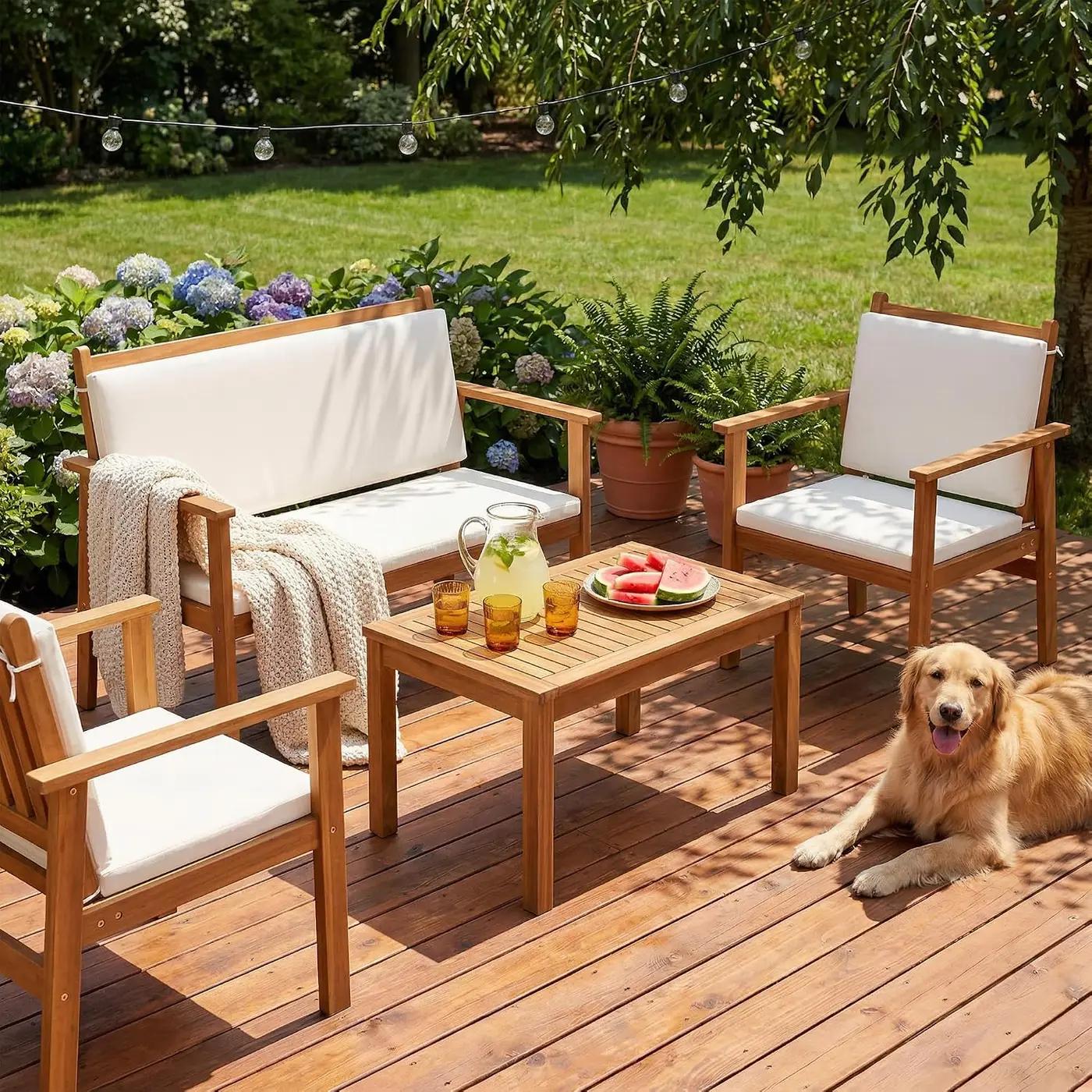 Devoko Patio Furniture 4 Piece Acacia Wood Outdoor Conversation Sofa Set with Table &amp; Cushions Porch Chairs for Garden, Deck, Backyard, Natural