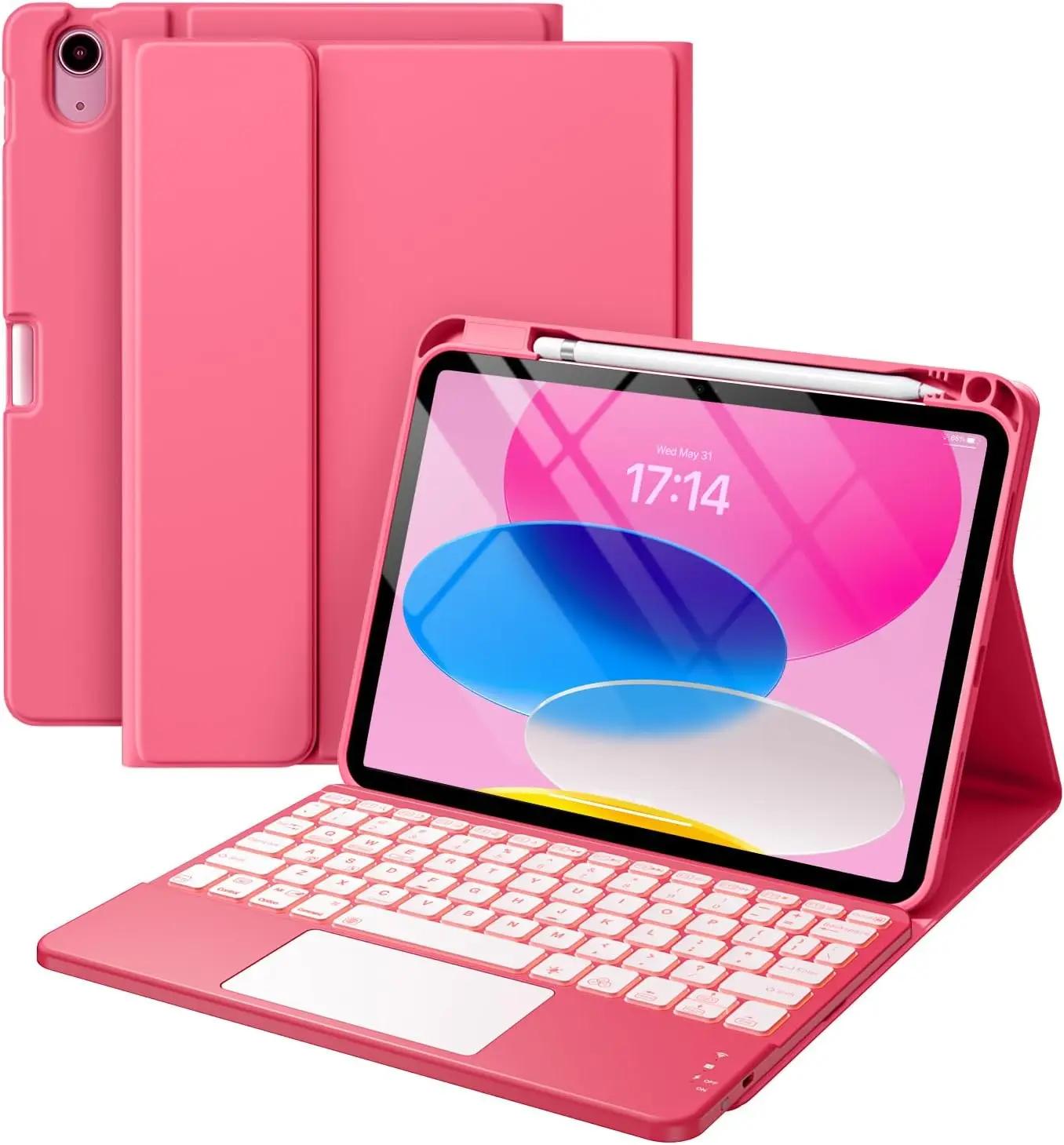 Harvopu Compatible for iPad 11th 10th Generation Case with Keyboard, Folio Cover with Pencil Holder, Multi-Touch Trackpad, 7 Color Backlit, Detachable Keyboard for iPad (A16) 11th/10th Gen (Pink) | with Pencil Holder, Multi-Touch Trackpad, 7 Color Ba