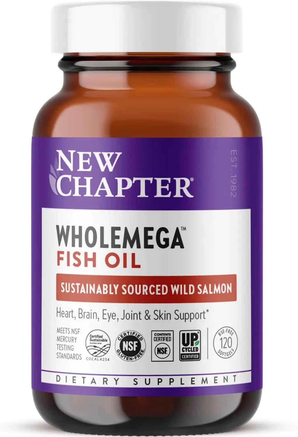 New Chapter Wholemega Fish Oil Supplement - 2000mg per Serving, Clinically Proven Wild Alaskan Salmon Oil with Omega-3 + Vitamin D3 + Astaxanthin, 120 Softgels ClimeCo Certified
