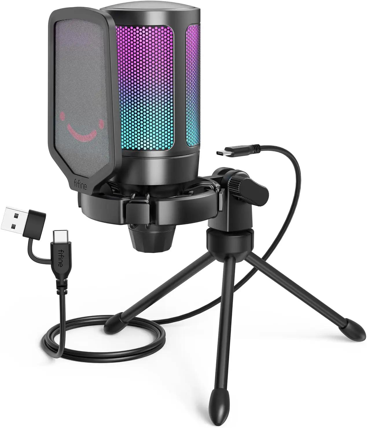 FIFINE Gaming USB Microphone for PC PS5, Condenser Mic with Quick Mute, RGB Indicator, Tripod Stand, Pop Filter, Shock Mount, Gain Control for Streaming Discord Twitch Podcasts Videos- AmpliGame Global Recycled Standard
