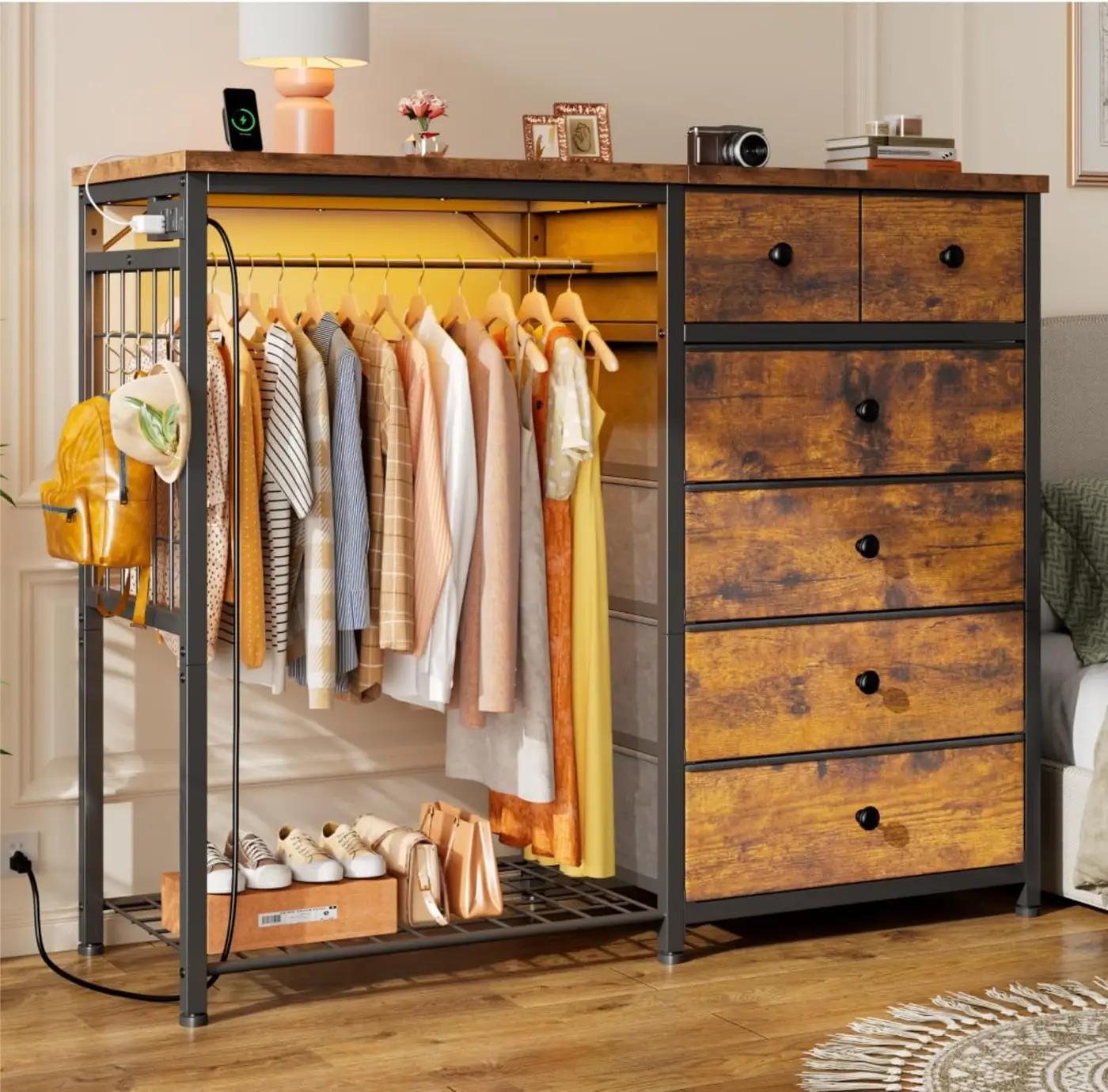 EnHomee 49.2" W Dresser with Hanging Rack &amp; 6 Fabric Drawers – Wooden Top Organize Unit Featuring LED Lights, Charging Station &amp; Grid Panel &amp; Hooks for Bedroom, Rustic Brown