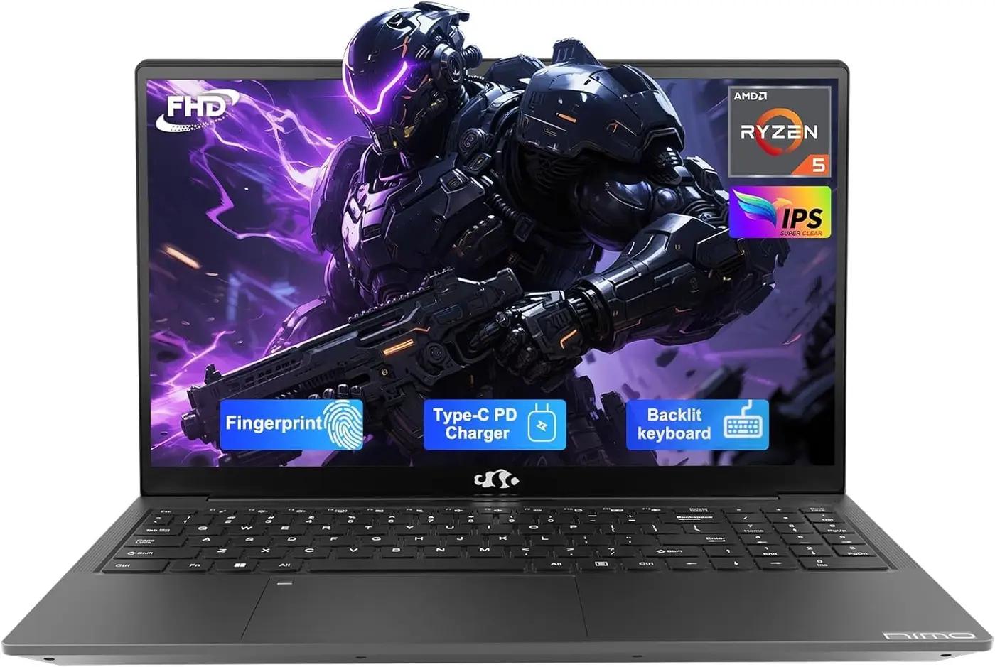 NIMO 15.6'' IPS FHD-Laptop, 8GB RAM 256GB SSD AMD Ryzen 5(Beat i5-1135G7, 4 Cores Up to 3.7GHz) Student Computer with 2 Years Warranty, 65W Type-C, Fingerprint, Backlit Keyboard, 180°Viewing