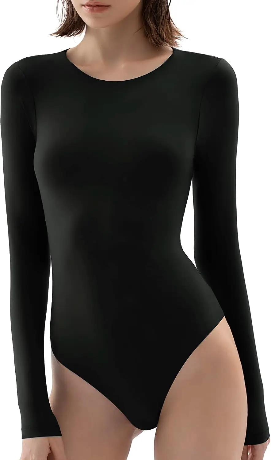 PUMIEY Women's Crew Neck Long Sleeve Bodysuit Second-skin Feel Tops Smoke Cloud Collection