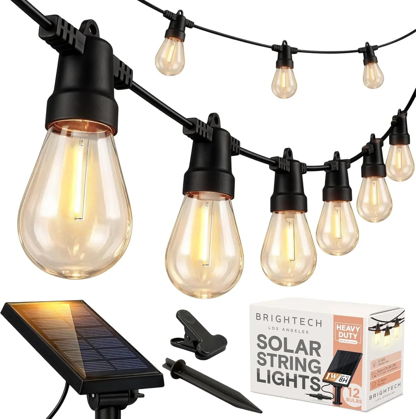 Brightech Ambience Pro Solar Powered Outdoor String Lights -27 ft Commercial Grade Waterproof Edison Patio Lights, Shatterproof LED String Lights for Outside, Porch - 12 Bulbs, 1W Soft White